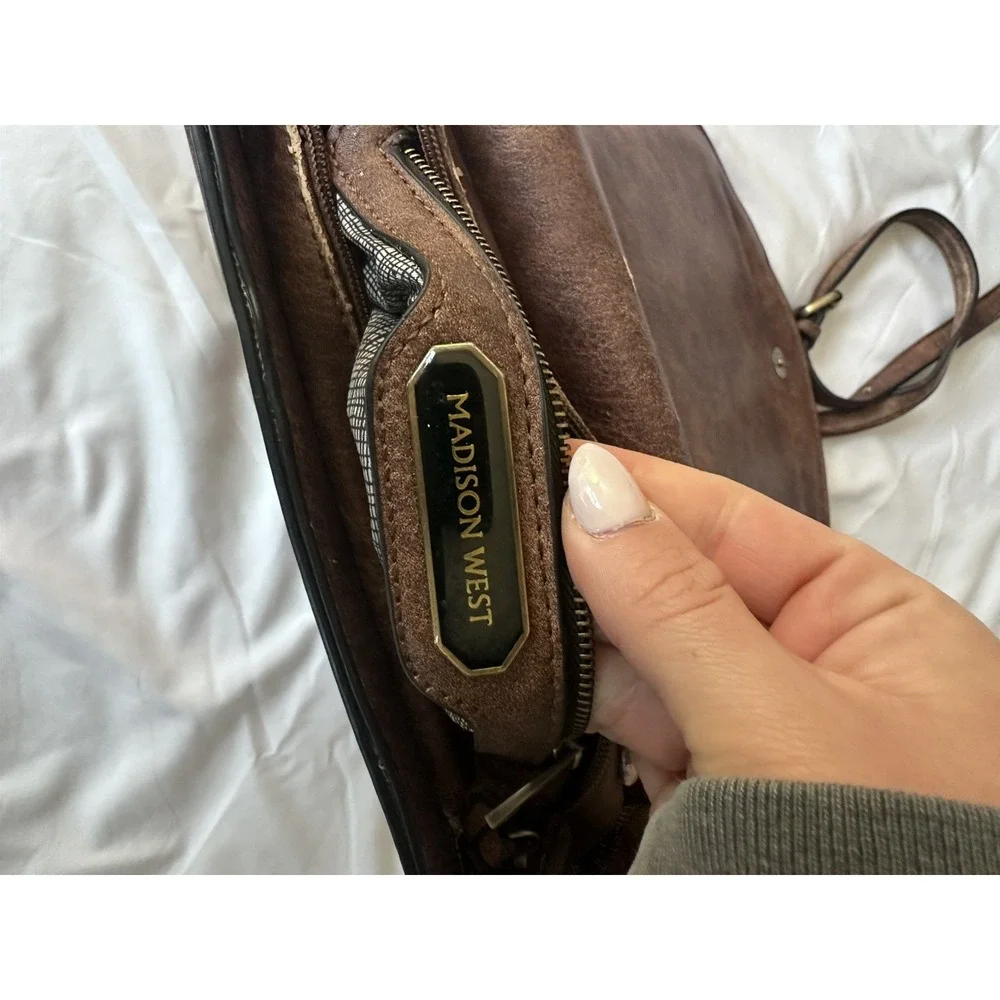 Madison West Women's Faux Leather Brown Saddle Bag Purse with Adjustable Strap